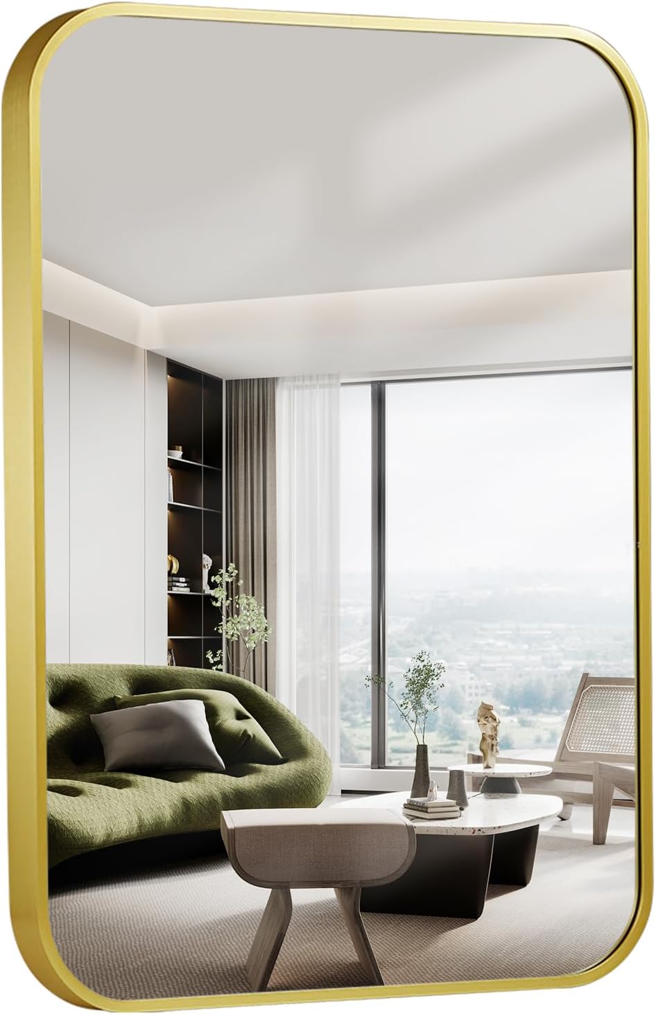 16x24 Inch Bathroom Mirror for Wall,Matte Gold Framed Rectangle Mirror with Rounded Corner,Aluminum Alloy Framed Brushed Wall Mirror for Bedroom or Living Room,Vertical or Horizontal