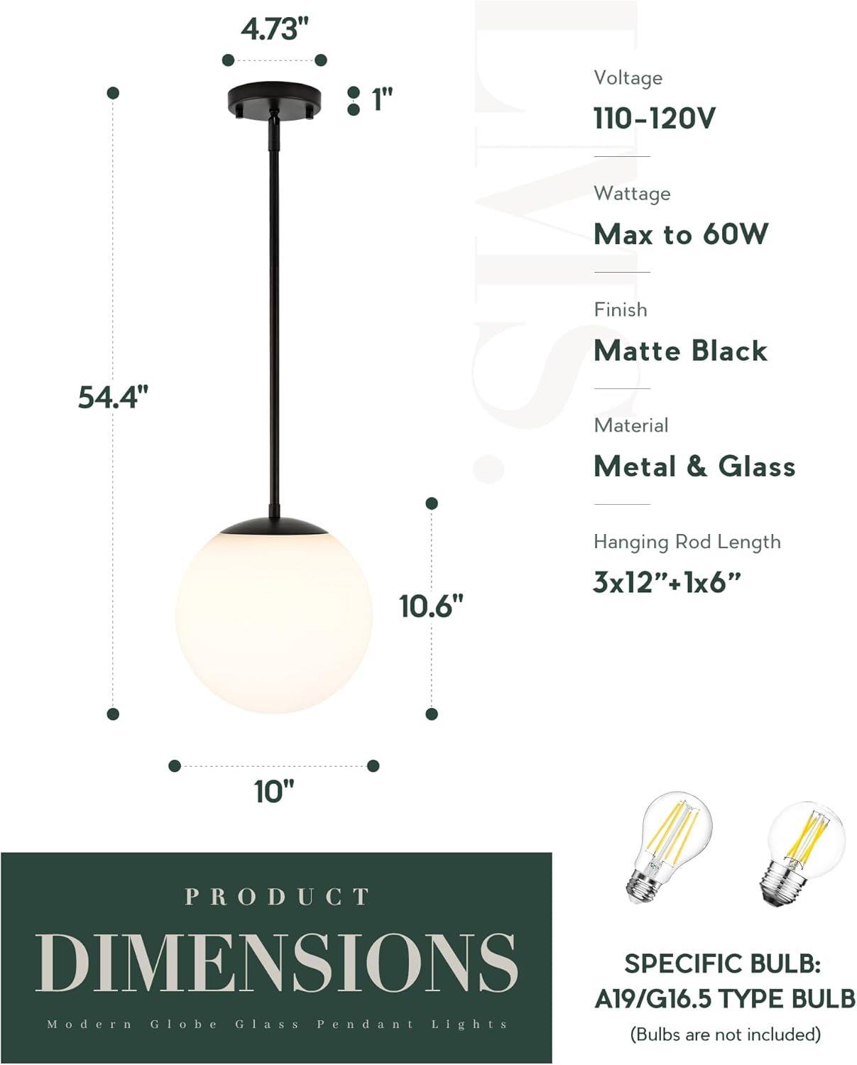 LMS 10 Inch Globe Pendant Lights, Matte Black Mid Century Kitchen Island Light Fixtures with White Globe Glass Shade, Adjustable Hanging Rod, Bar Kitchen Bedroom, LMS-186PL-BKW-10