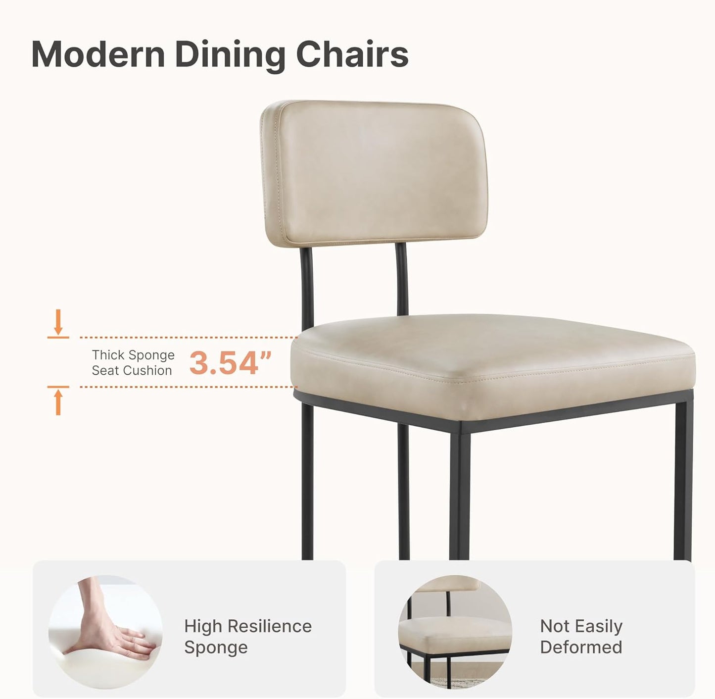 Dining Chairs Set of 6, Upholstered Modern Kitchen Chairs with Ergonomic Backrest, Faux Leather Cushion Seat & Metal Legs for Living Room, Restaurant, and Café, Beige, 2 Boxs