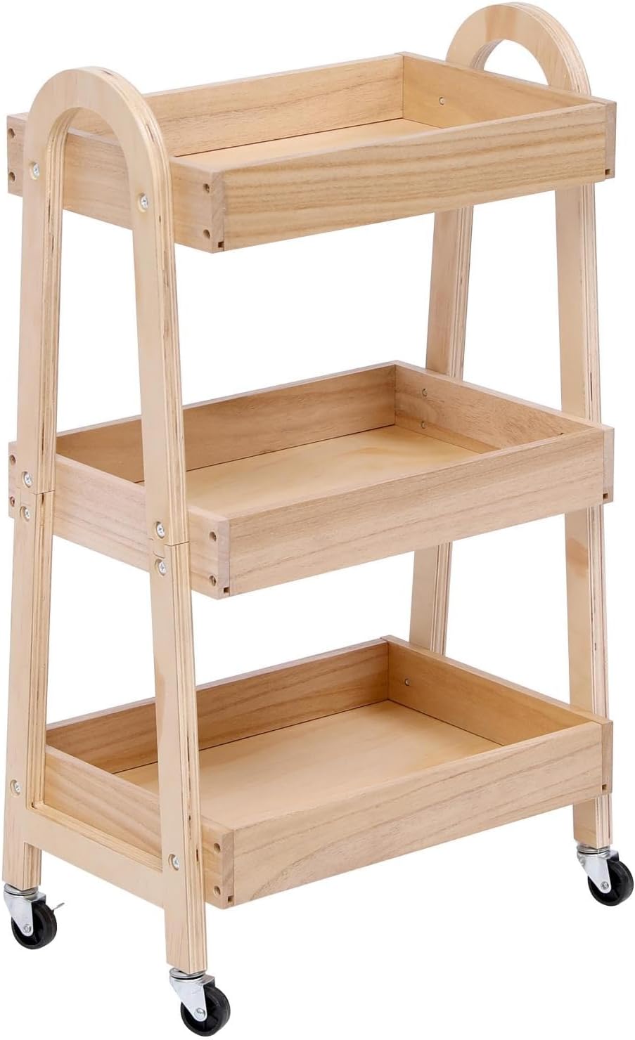 3-Tier Rolling Craft Cart, light-colored wood, Sturdy, Waterproof, with Wheels, for Kitchen, Bathroom, Laundry