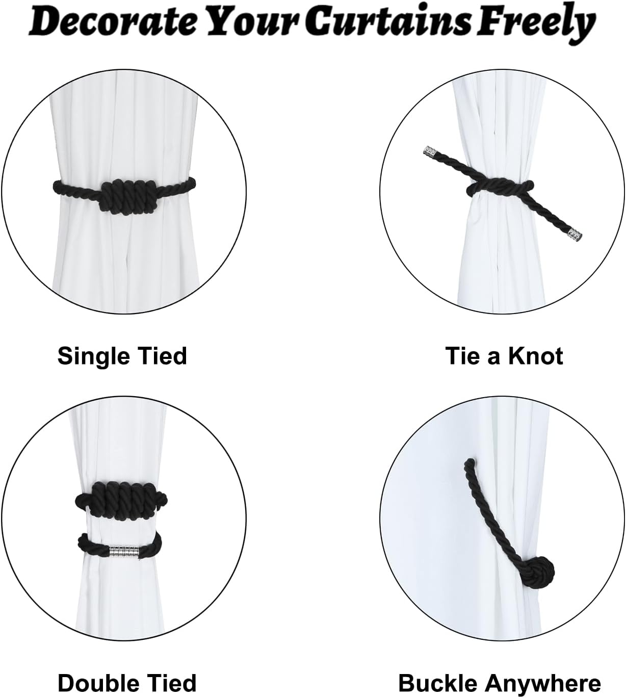 BEL AVENIR Magnetic Cotton Curtain Tiebacks, Decorative Drapery Holdbacks Modern Woven Tie-Backs with Exquisite Knot (Black Cotton, 2 Pack)
