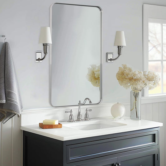 ANDY STAR Chrome Bathroom Mirror, 24”x40” Polished Nickel Rounded Corner Rectangle Mirror, Modern Metal Frame Bathroom Vanity Mirror