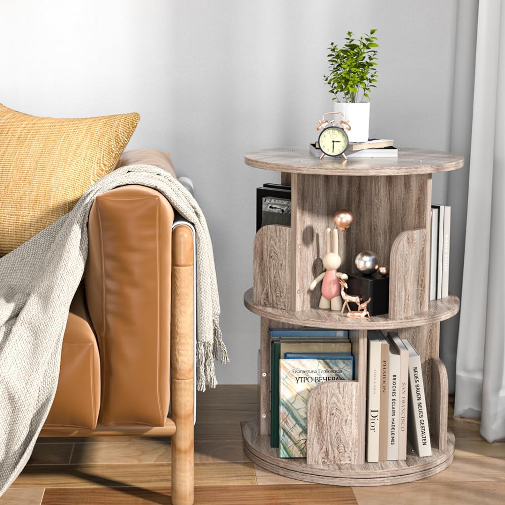 Nidouillet Small Rotating Bookshelf, 2 Tier Revolving Bookcase 360° Display Round Bookshelf Narrow Swivel Corner Book Shelf Standing Bookcase Adult Bedroom