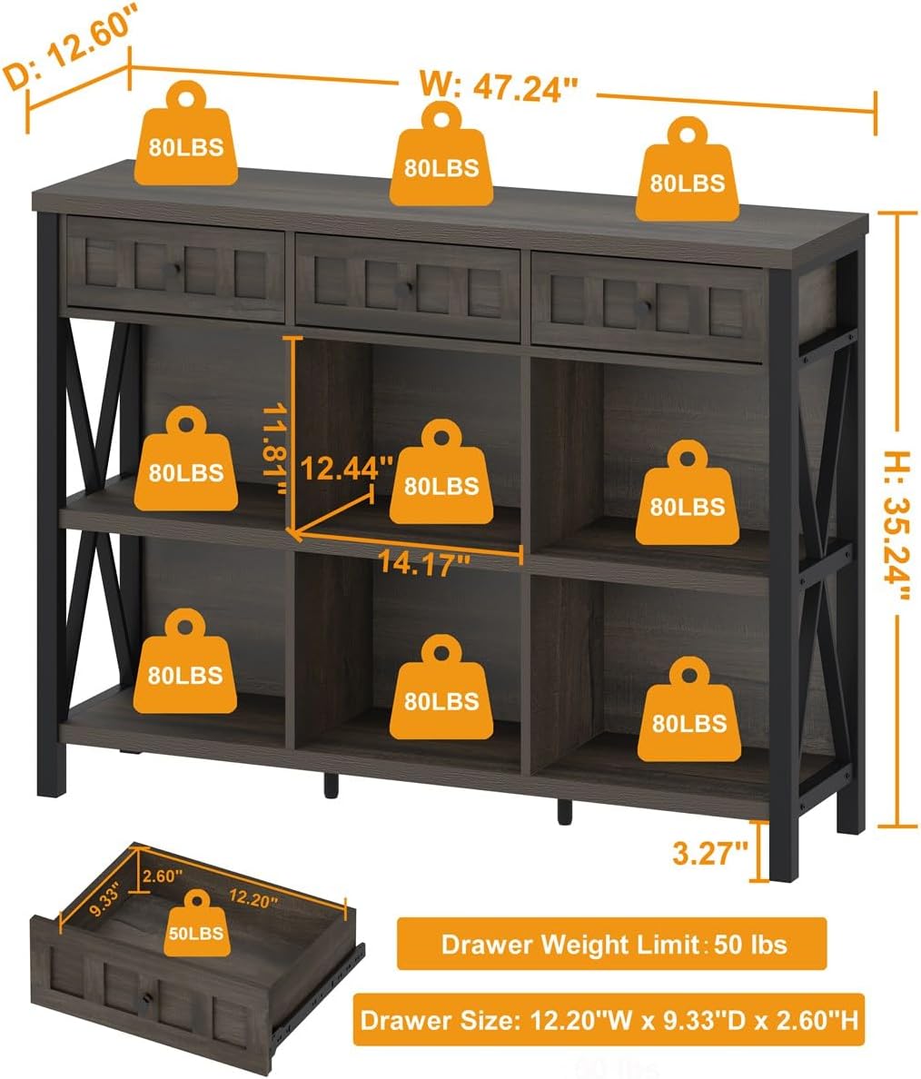FATORRI Rustic 6 Cube Storage Organizer Bookshelf with 3 Drawers, Short Low Horizontal Bookshelf for Living Room, Industrial Wood and Metal Cubby Bookcase for Home Office (Walnut Brown, 47 Inch)
