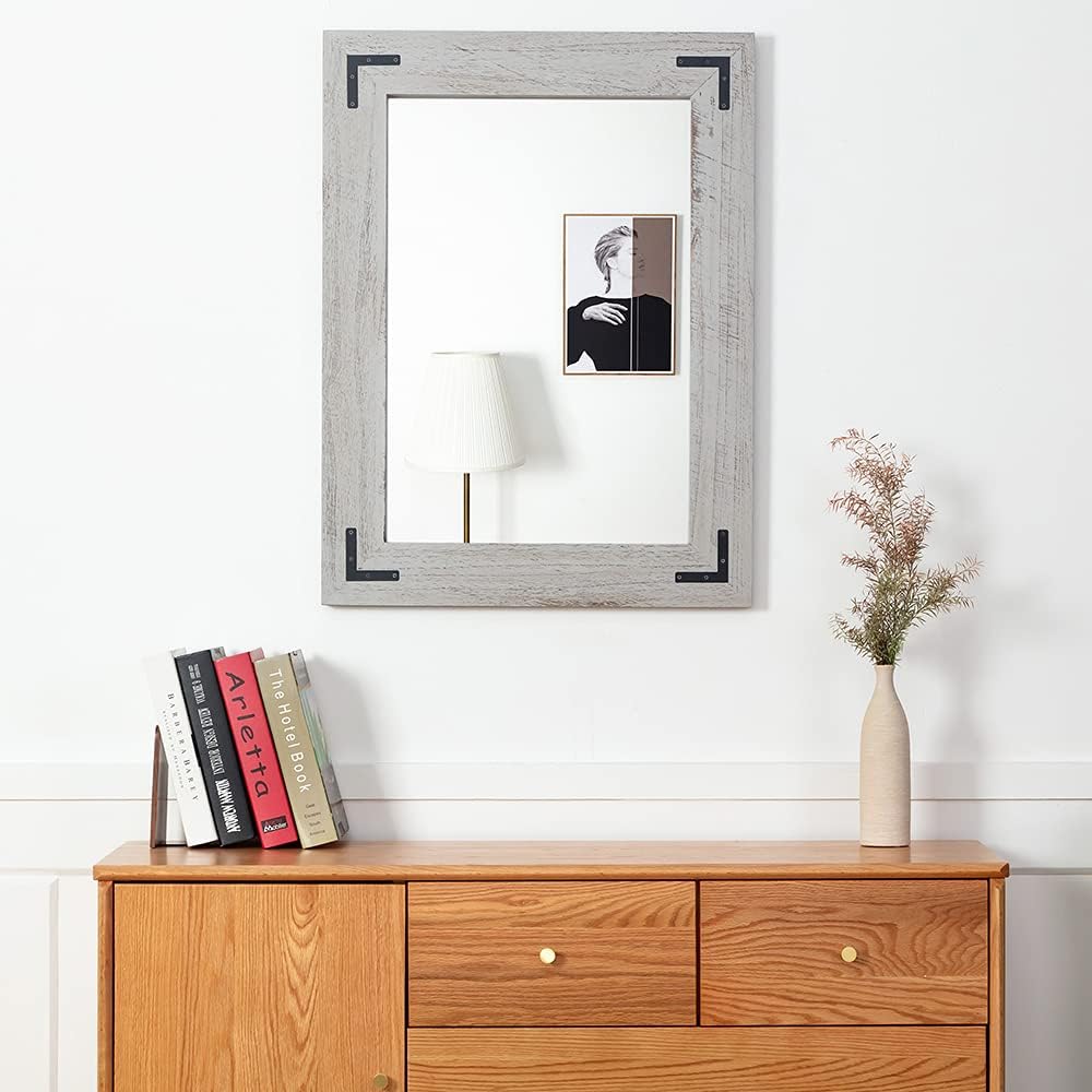 YOSHOOT Rustic Wooden Framed Wall Mirror, Natural Wood Bathroom Vanity Mirror for Farmhouse Decor, Vertical or Horizontal Hanging, 32" x 24",White Grey