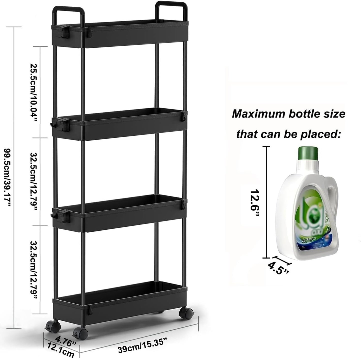 SOLEJAZZ Slim Rolling Storage Cart with Wheels 4 Tier Skinny Bathroom Storage Organizer Narrow Shelf Unit Thin Laundry Room Utility Cart for Bedside Kitchen Office Next to Fridge Small Places, Black