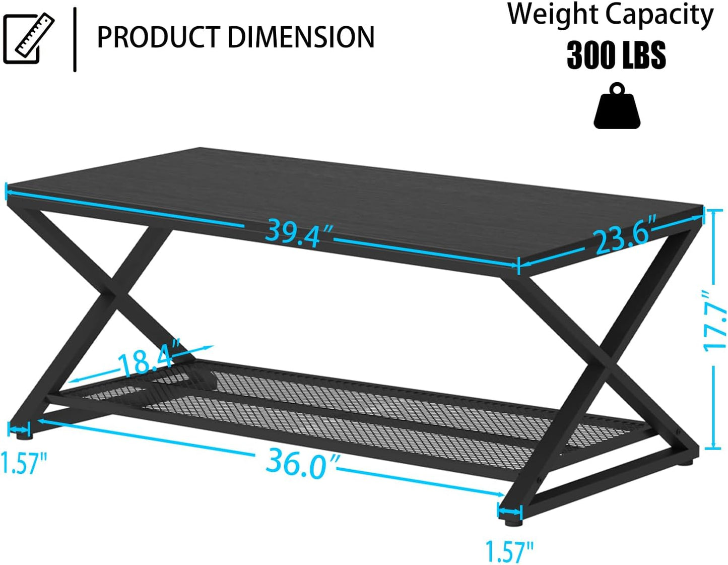 LVB Black Coffee Table, Metal Wood 2 Tier Center Tables with Storage Shelf, Modern Rectangular Cocktail Tea Table for Living Room, Wooden Middle Concrete Table for Office Bedroom, 39 inch, Black Oak