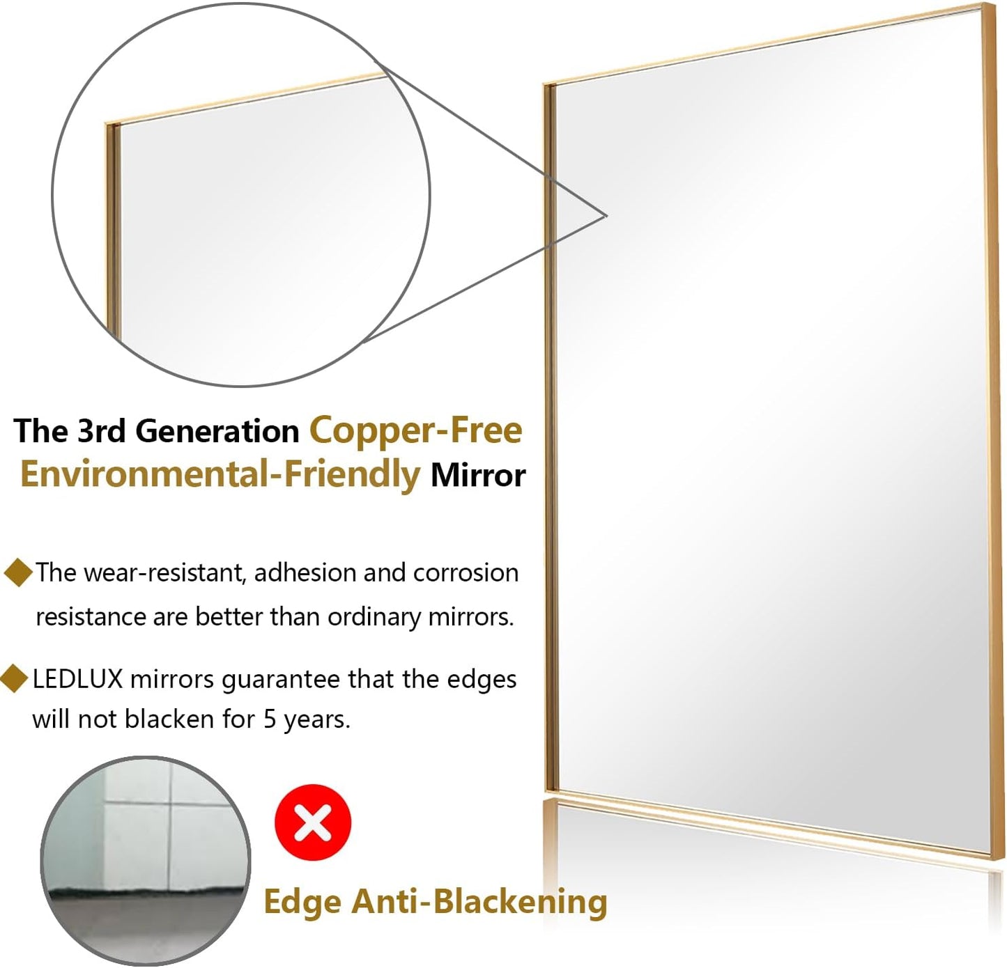 36x48 Inch Gold Bathroom Mirror, Copper-Free Aluminum Alloy Frame Vanity Mirror, Rectangle Wall Mounted Modern Mirror for Bedroom/Living Room/Porch Horizontal or Vertical