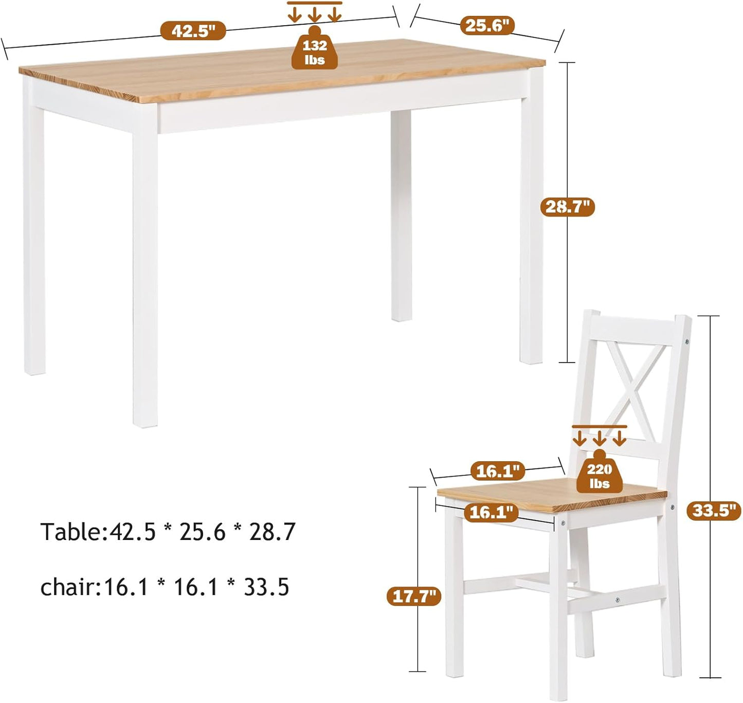sogesfurniture Dining Table Set for 4，Dinette Set for 4 Small Space,5 Pieces Dining Table for Kitchen, Dining Room 42.5'', Pine Wood,Oak&White