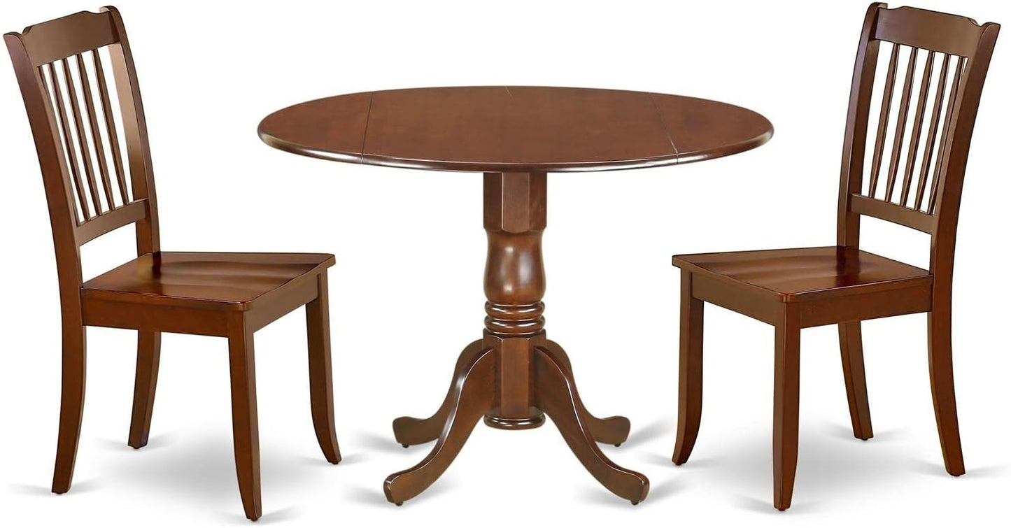 East West Furniture DLDA3-MAH-W 3 Piece Kitchen Table Set for Small Spaces Contains a Round Dining Table with Dropleaf and 2 Dining Room Chairs, 42x42 Inch, Mahogany