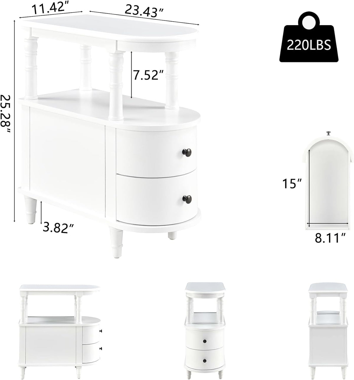 2 Set of Wood End Table with 2 Drawers and Storage Shelf, Narrow Sofa Side Table for Living Room, Vintage Slim Nightstand Bedside Table for Bedroom, Slim Chair Side Table White BGA508WT