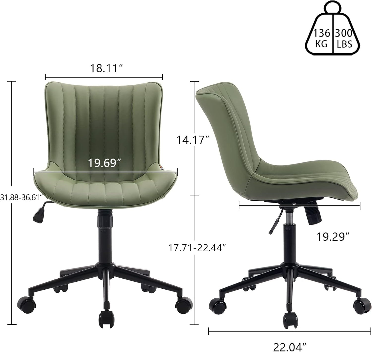YOUNIKE Armless Home Office Desk Chair with Wheels Compact Comfy Vanity Chair with Adjustable Back Modern Small Leather Upholstered Rolling Swivel Cute Task Drafting Sewing Chair No Arms Olive Green