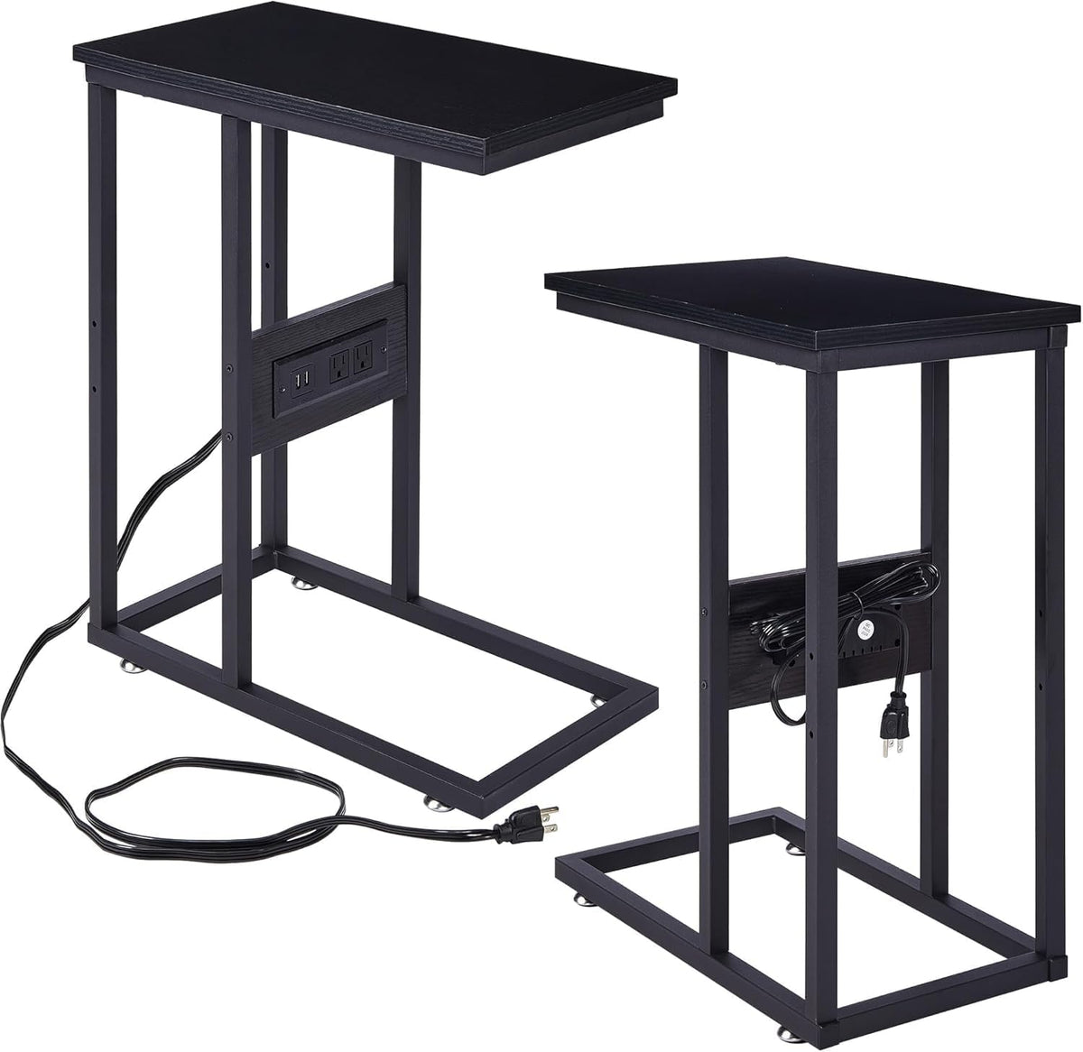 VECELO C Shaped End Side Table with Charging Station & Power Outlets for Couch Sofa/Bed, Snack TV Tray with Metal Frame for Living Room Bedroom 2 Set, Black