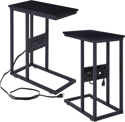 VECELO C Shaped End Side Table with Charging Station & Power Outlets for Couch Sofa/Bed, Snack TV Tray with Metal Frame for Living Room Bedroom 2 Set, Black