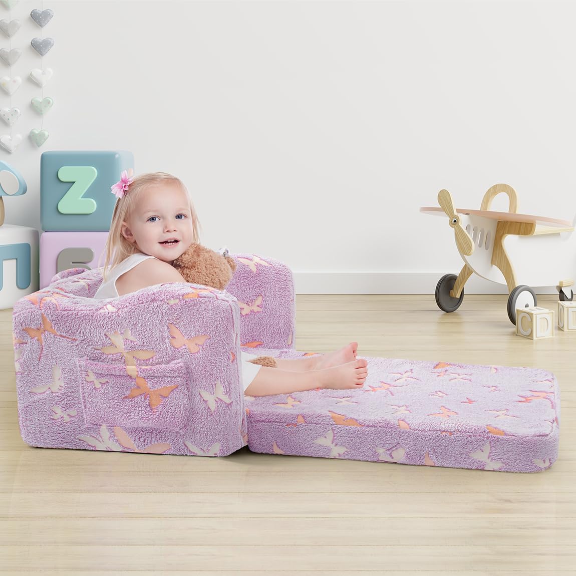 Kids Toddler Chair, 2-in-1 Toddler Couch Fold Out, Convertible Chairs for Toddlers Comfy Sofa to Lounger with Glow in The Dark Feature, Soft for Girls and Boys, Glowing Butterfly