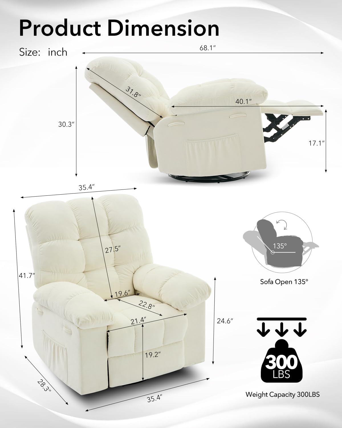 Rocking Recliner Chair,360° Swivel Rocker Chair for Living Room,Upholstered Fabric Glider Nursery Chair with Side Pockets for Small Spaces,Q235 Steel Frame Lazy Boy Recliner Single Sofa(Beige)