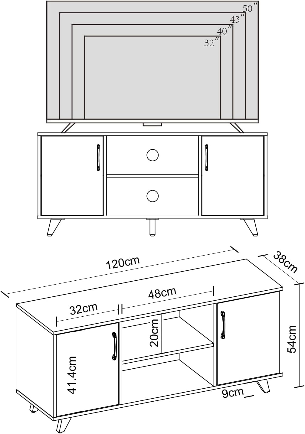 Panana TV Stand for TV up to 50 Inches, 2 Doors Entertainment Center with Open Shelves Storage, TV Console Unit for Living Room Bedroom (Black)