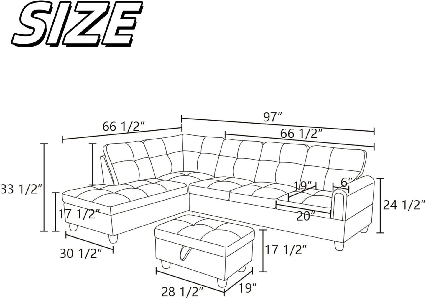 NAYSAYE Sectional Couch with Ottoman Storage, L Shaped Couch Sofa Furniture Sets, Modern Comfy Modular Comfy Sofa for Living Room Bedroom, Office and Apartment, Brown