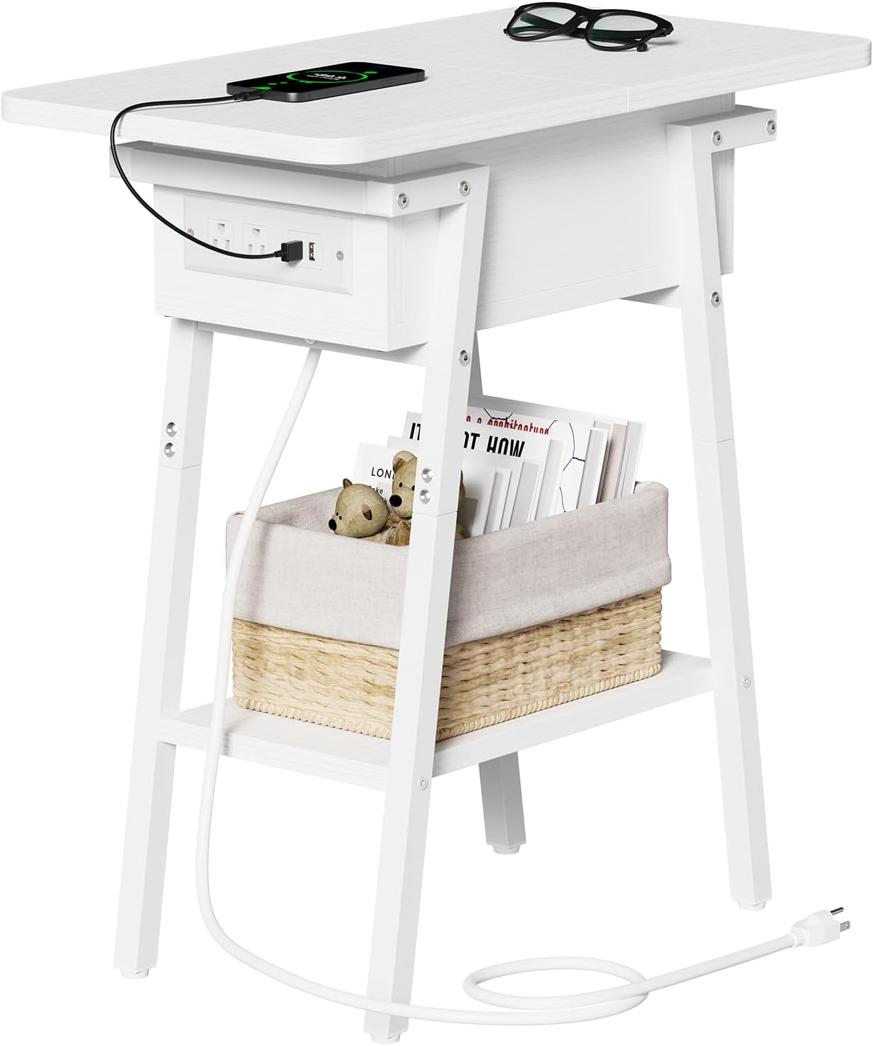 End Table with Charging Station, Flip Top Side Table with USB Ports and Outlets, Bedside Tables for Small Spaces,Nightstand with Storage Shelf for Living Room, Bedroom, White