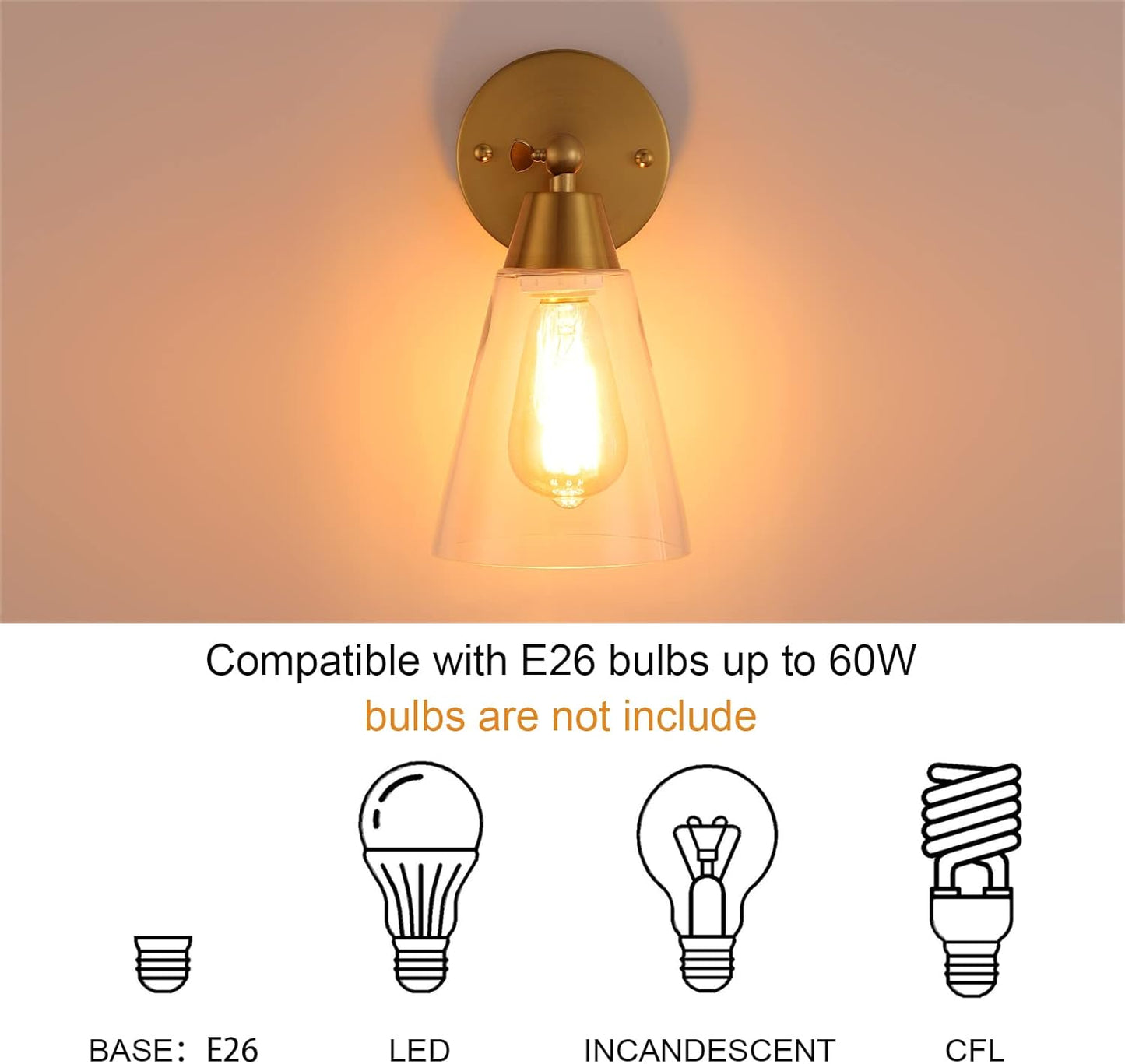 MWZ Gold Wall Sconce Set of 2,Modern Brushed Brass Sconces Lighting with Clear Glass Shade,Bathroom Light Fixtures Over Mirror,Vanity Lights Over Sink,Indoor Wall Mount Adjustable Angle Lamp