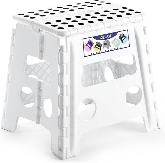 Delxo 13" Folding Step Stool, Non-Slip Foldable Step Stools with Handle,Plastic Portable Folding Stool for Bathroom,Bedroom,Kitchen,Hold up to 300lbs White