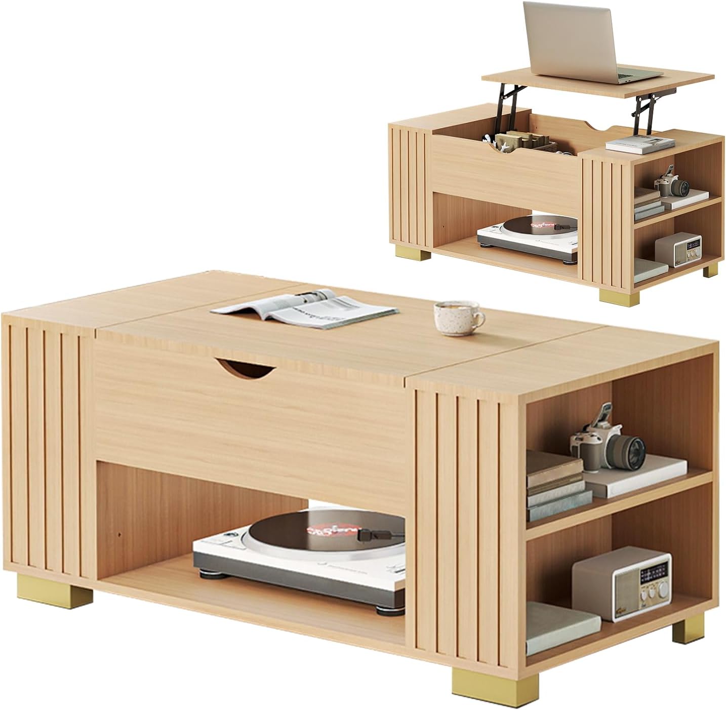 COMHOMA Lift Top Coffee Tables for Living Room, 39" Center Table with Hidden Storage Compartment, Adjustable Wooden Tea Table for Small Spaces, Natural Oak
