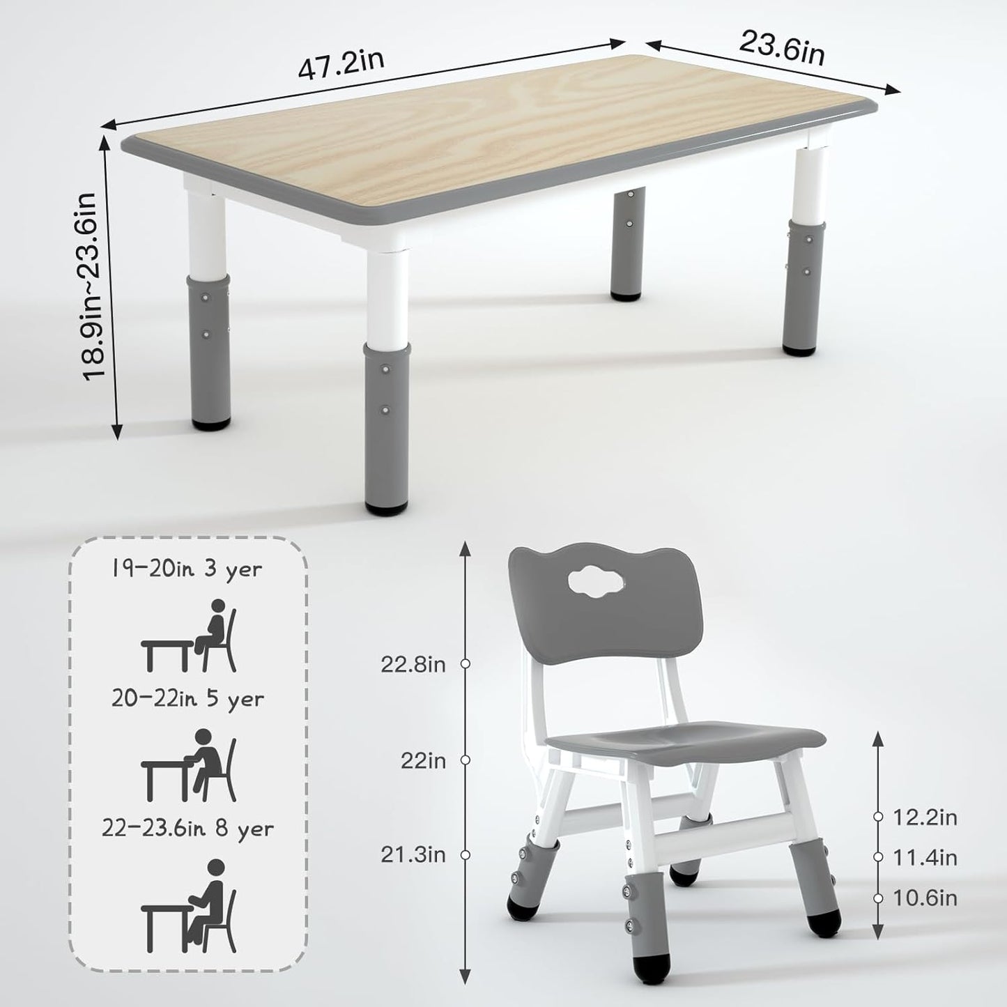 Kids Table and 6 Chairs Set，Height Adjustable Children Table & Chair，Toddlers Study Multi-Activity Table with 47.2"x23.6" Wipe-Clean Desktop，for Classrooms, Homes & Daycares