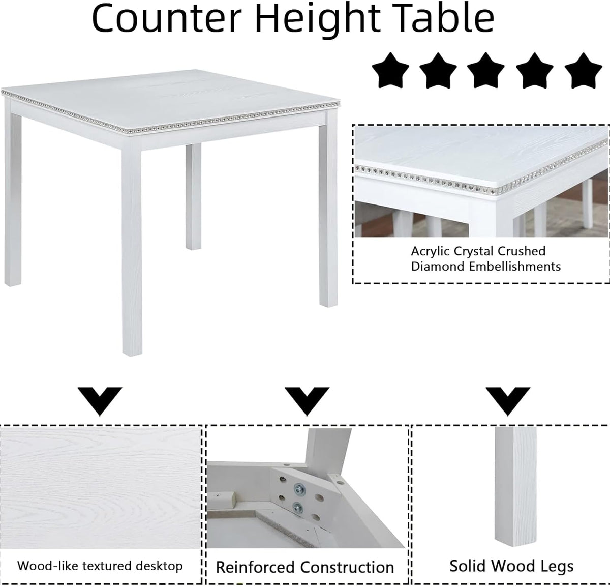 Dining Table Set for 4, 5-Piece Dining Room Table Set with Square Crystal Decoration Table & 4 Upholstered Backrest Chairs, Counter Height Kitchen Sets with Faux Wood Grain Design, White