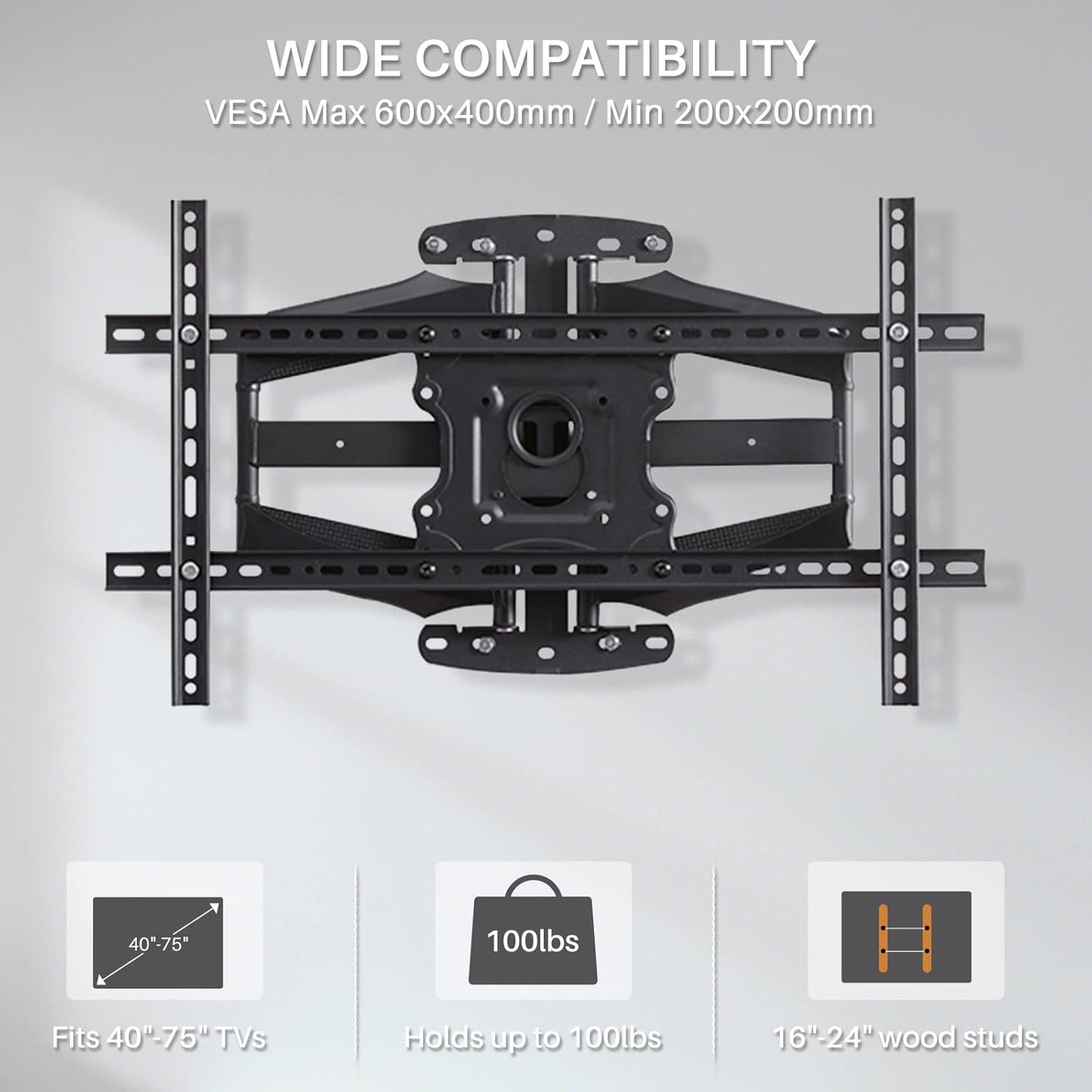 Sylvox Full Motion TV Wall Mount, TV Mount Bracket for 40-75 inch TVs, Dual Articulating Arms, Swivel and Tilt, Max VESA 600x400mm, Holds Up to 100lbs