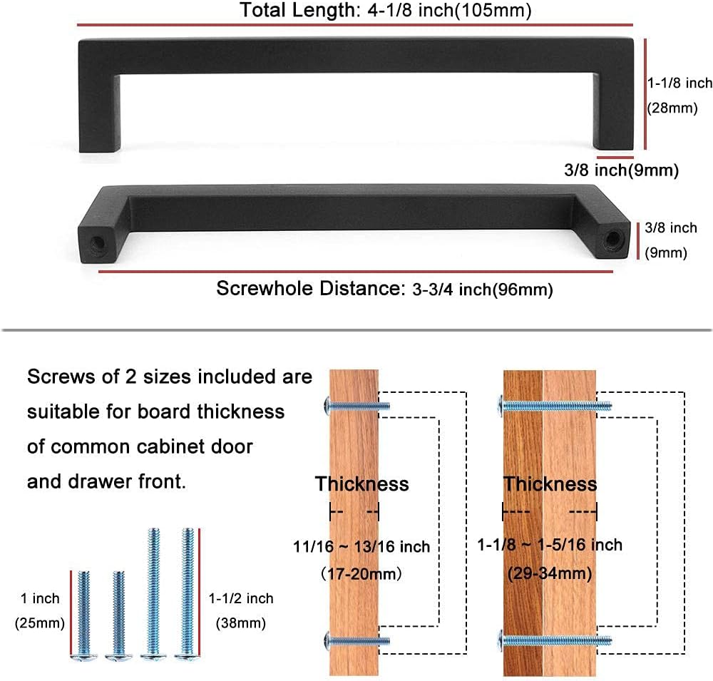 KOOFIZO Solid Square Bar Cabinet Handle - Black Furniture Pull, 3.8 Inch/96mm Screwhole Distance, 10-Pack for Kitchen Cupboard Door, Bedroom Dresser Drawer, Bathroom Wardrobe Hardware