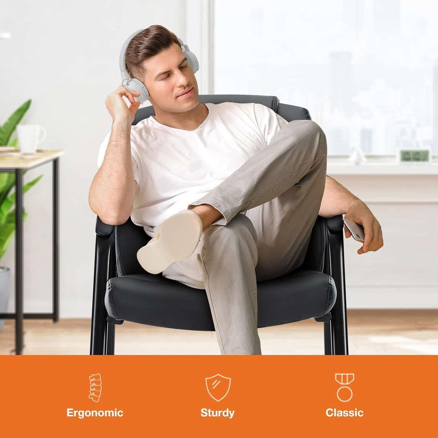 Sweetcrispy Waiting Room Office Guest Chairs Set of 2, PU Leather Big and Tall No Wheels Executive Office Chair with Padded Arms for Reception Conference Room Lobby