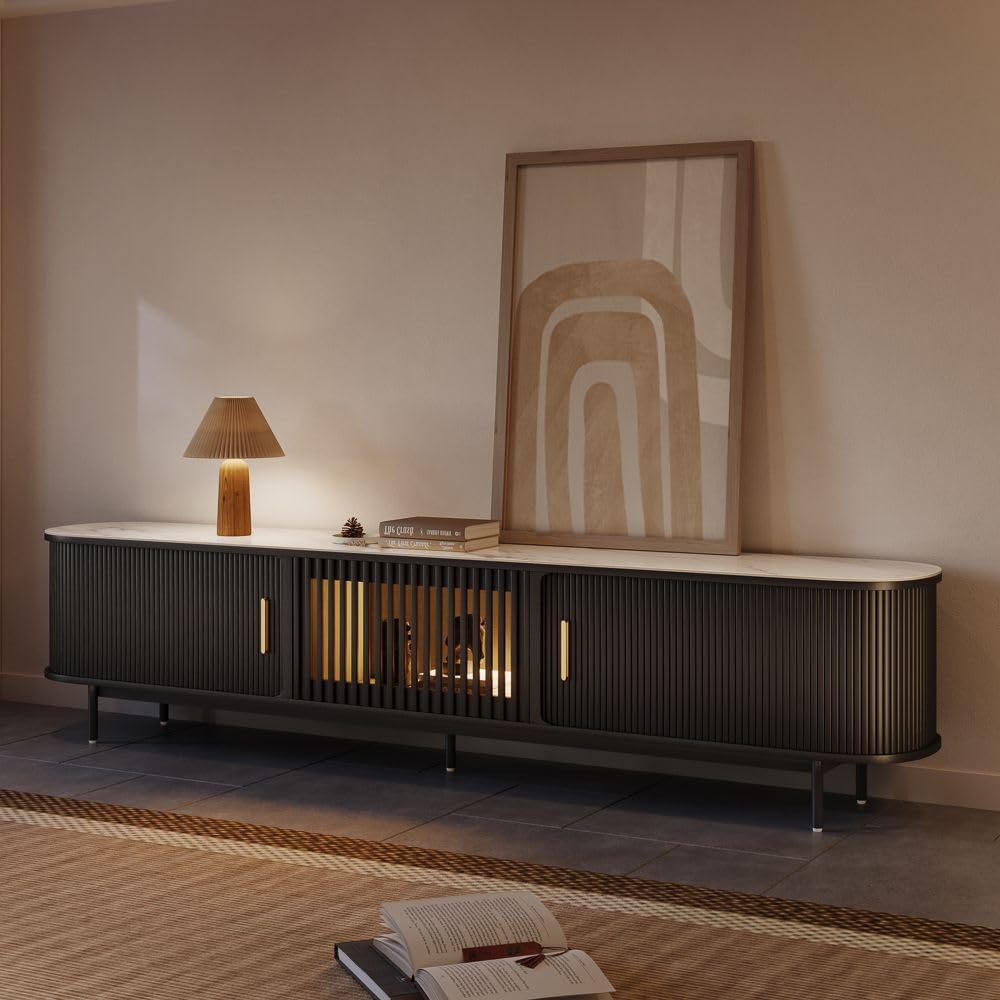 POVISON Fully-Assembled Mid Century Modern Black TV Stand with White Glossy Sintered Stone Tabletop & LED Lights, Rolling Door Media Console, Wood TV Console for Living Room