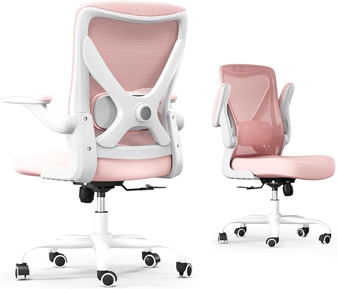 Ergonomic Office Chair: Mesh Desk Chair with Adjustable Lumbar Support 330lbs High Back Computer Gaming Chair - Work Chairs with Flip-Up Arms for Long Hours-Adults Home Office (Pink)