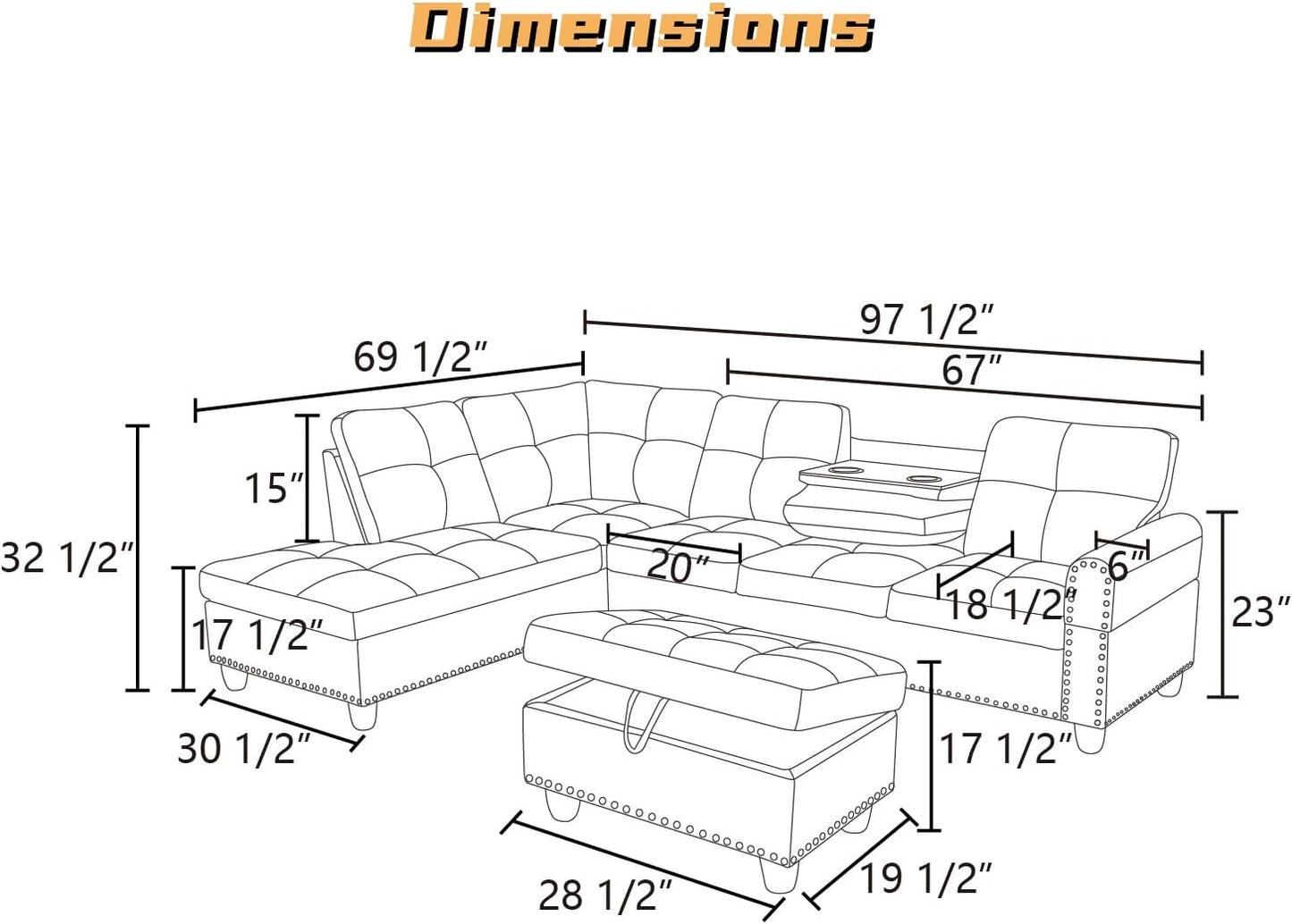 L Shaped Sectional Couch with Otttoman, 97" Leather Sectional Sofa for Living Room Modular Couches with Cup Holders for Bedroom, Apartments, Ginger