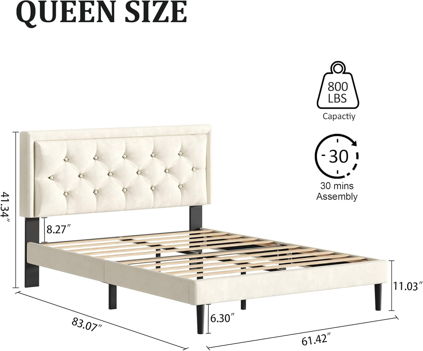 Queen Size Platform Bed Frame with Upholstered Velvet Button Tufted Headboard, Mattress Foundation with Wooden Slat Support, No Box Spring Needed, Easy Assembly, Noise Free, Beige