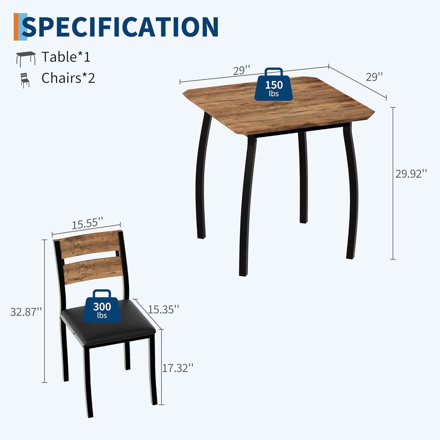 GAOMON Dining Table Set for 2, 3 Piece Small Kitchen Table and 2 Upholstered Chairs with Metal Frame & Wood Grain Tabletop for Small Space, Apartment, Kitchen, Dining Room, Black/Rustic