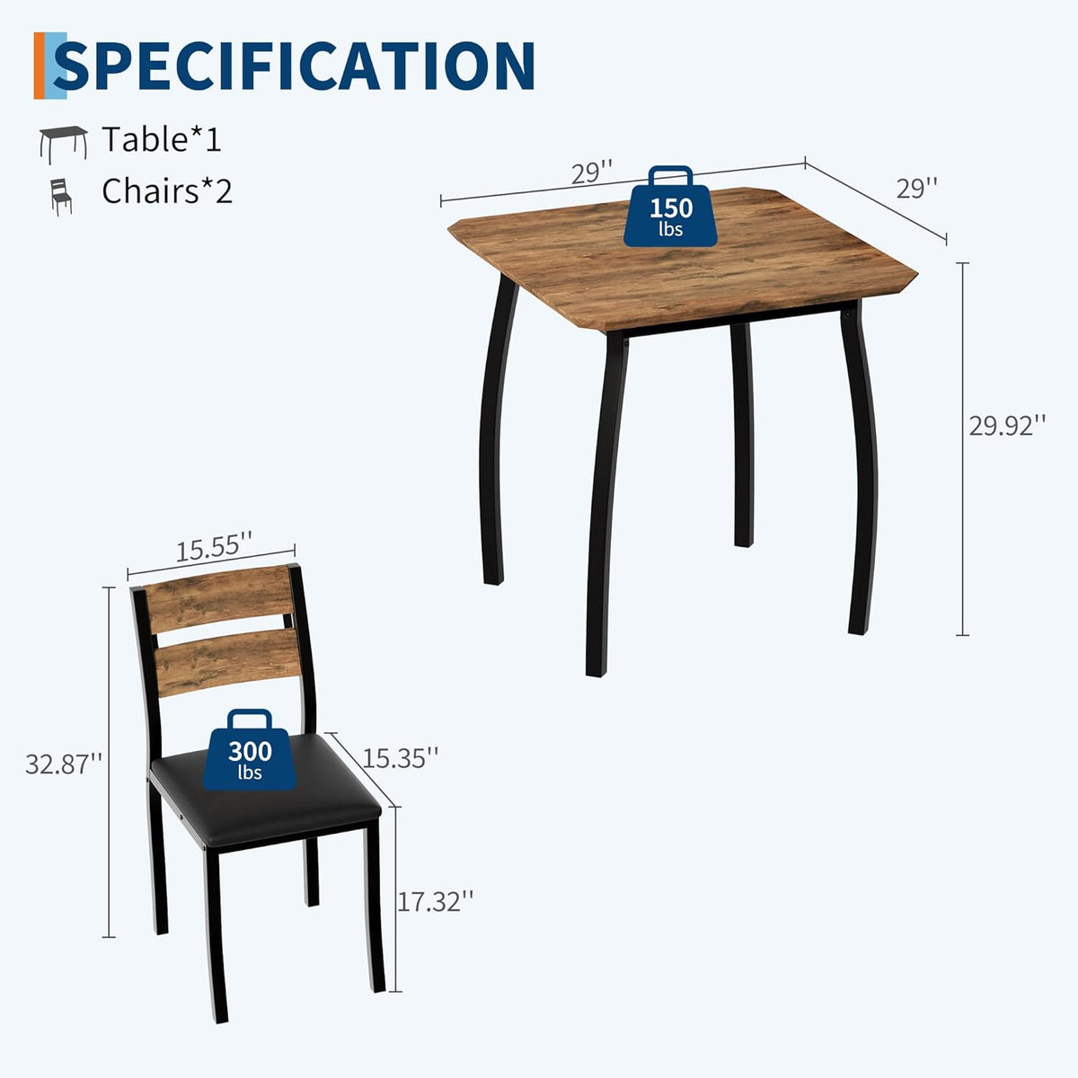 Small Dining Table Set for 2,3-Piece Kitchen Table Set with Thick Wood Grain Tabletop & 2 Upholstered Chairs & Metal Frame, Compact Table Set for Small Spaces, Kitchens & Dining Rooms (Brown)