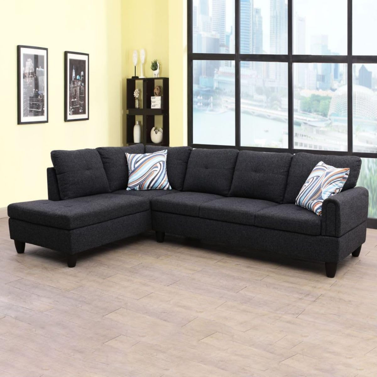 Black Grey L-Shaped 3-Piece Linen Sofa with Storage Ottoman Set, Sectional Couch Sofa Set for Living Room, Office, Small Space