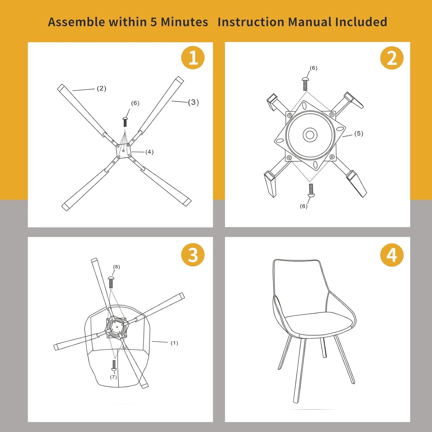 Dining Chairs Set of 2 Yellow Living Room Chairs Fabric Upholstered Kitchen Chairs,Loads Up to 270lbs,Quick Assembly,Swivel Dining Chair
