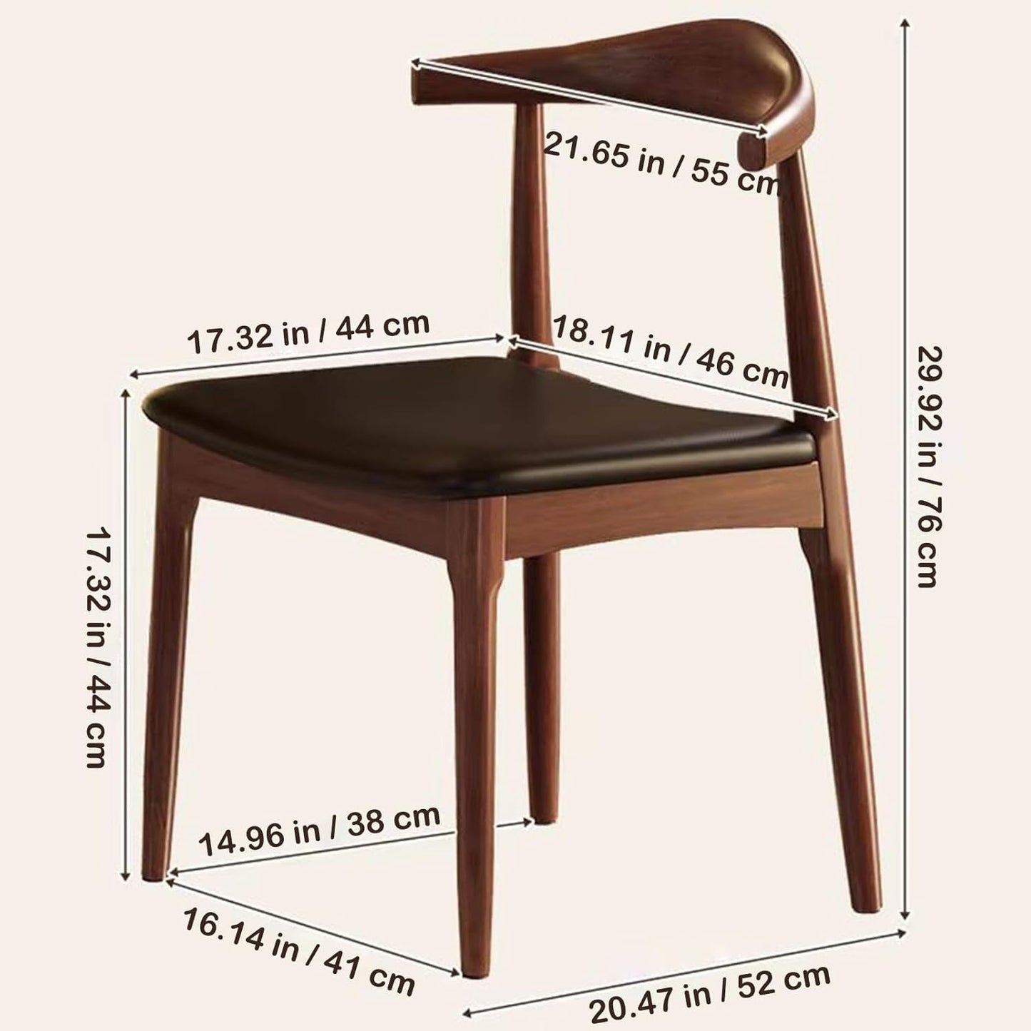 Solid Wood Dining Chairs Set of 2, Mid Century Dining Chairs, Upholstered PU Leather Chairs with Wide Curved Backrest, Chairs for Dining Room, Kitchen, Walnut Finish