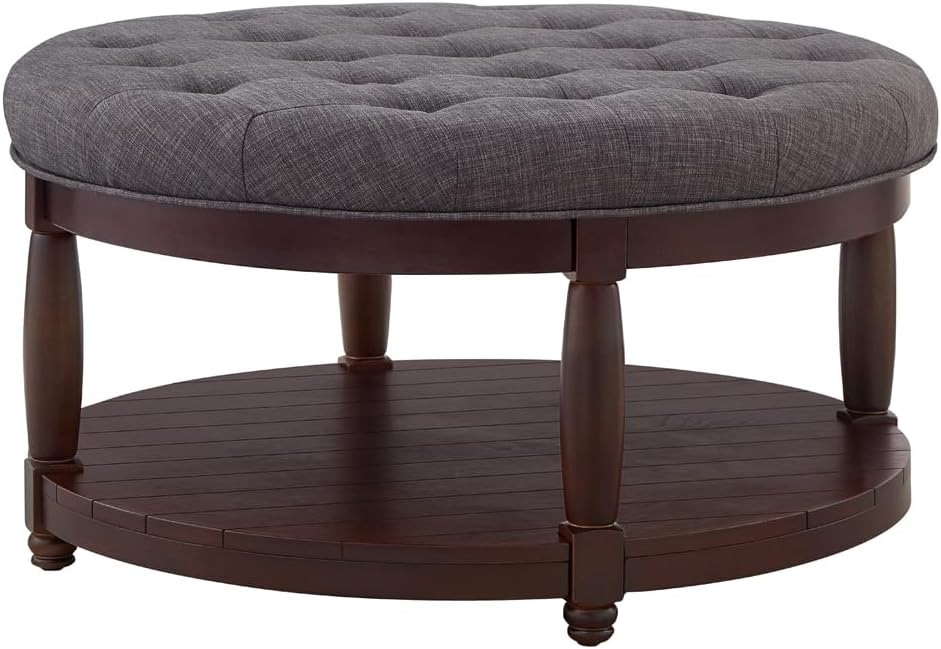 24KF Upholstered Round Coffee Table with Wooden Shelf, Tufted Button Large Round Ottoman with Spindle Wooden Legs, Linen Large Footrest Ottoman Pouf for Living Room, Dark Gray