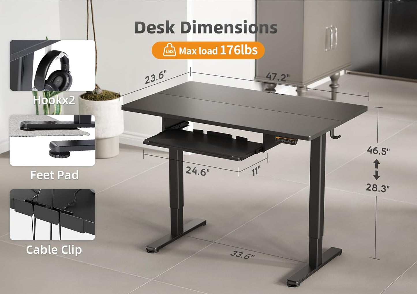 YDN Standing Desk with Keyboard Tray, 48 Inch Height Adjustable Desk with Cable Management, Black Stand Up Desks for Home and Office, 48inch Black