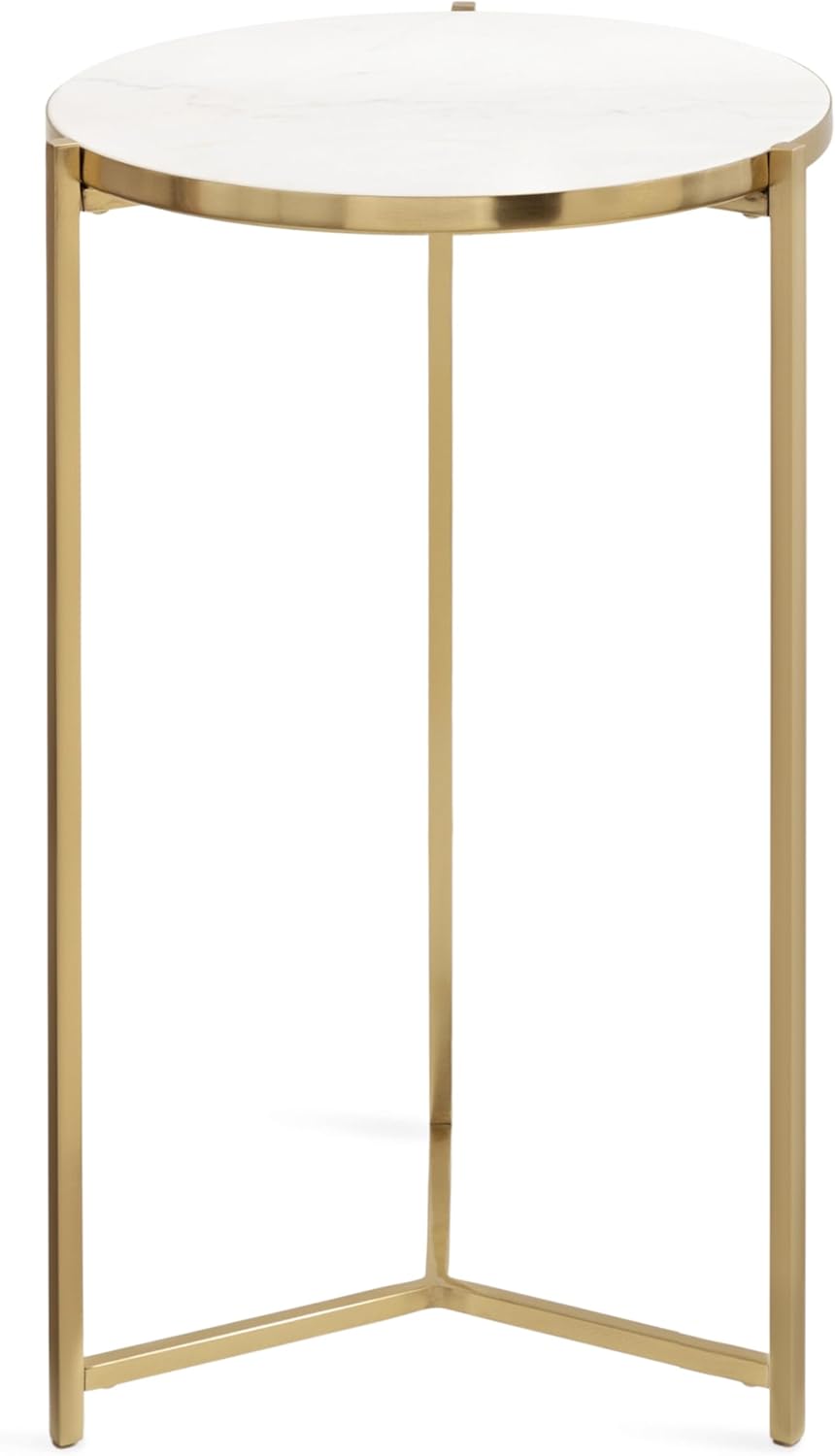 Kate and Laurel Aguilar Modern Round Side Table, 15 x 15 x 24, White and Gold, Genuine Marble Nightstand for Small Spaces and Living Room Décor