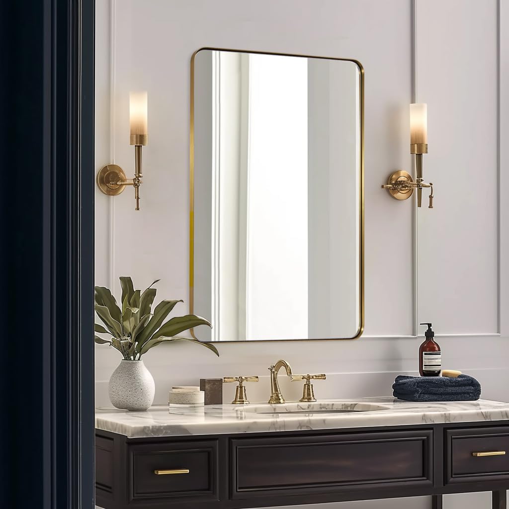 ANDY STAR 36”x48”Gold Bathroom Mirror for Wall, Brushed Brass Metal Rounded Corner Rectangle Mirror, Wall Mirror in Stainless Steel Metal Frame, 1”Deep Set Design Hangs Horizontal Or Vertical