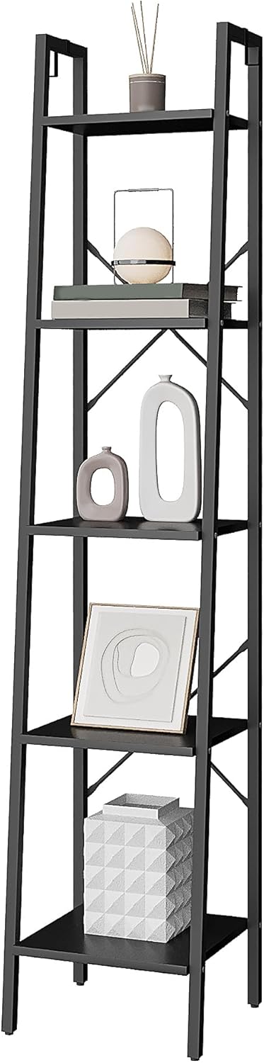 Ladder Shelf, Bookshelf Bookcase, Freestanding Corner Storage Shelve with 2 Hooks for Home Office, Living Room, Kitchen, Bedroom, Industrial, 5-Tier Black BC03204B