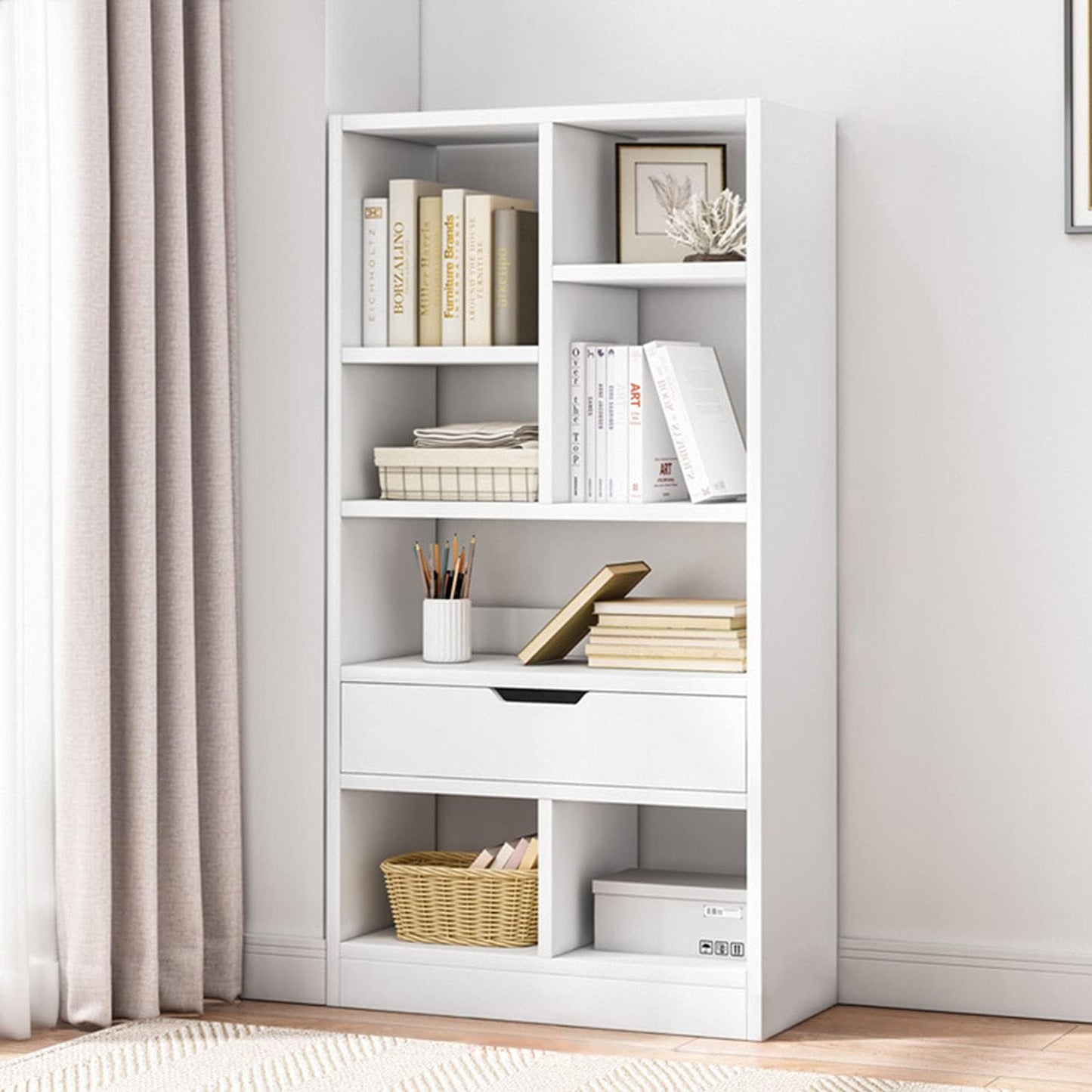 IOTXY Wooden Open Shelf Bookcase - 51 Inches Height Freestanding Display Storage Cabinet Organizer with 7 Cubes and a Drawer, Floor Standing Bookshelf in Warm White