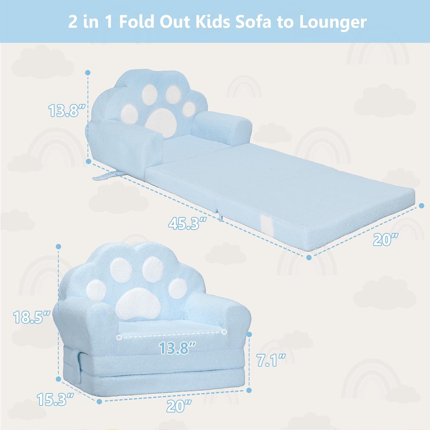 MONKISS Cat Paw Kids Couch, Toddler Chairs Comfy, Toddler Couch Bed Fold Out, Baby Lounge Chair, Birthday Gift for Girls, 1-4 Years Old, SF06, Blue