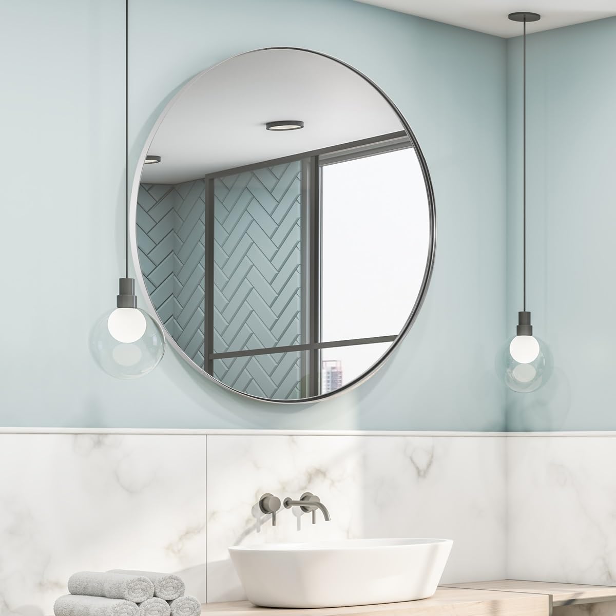 ANDY STAR 36" Chrome Round Mirror, Round Chrome Mirror, Polished Silver Large Vanity Mirror Metal Framed for Living Room, Dining Room, Fireplace