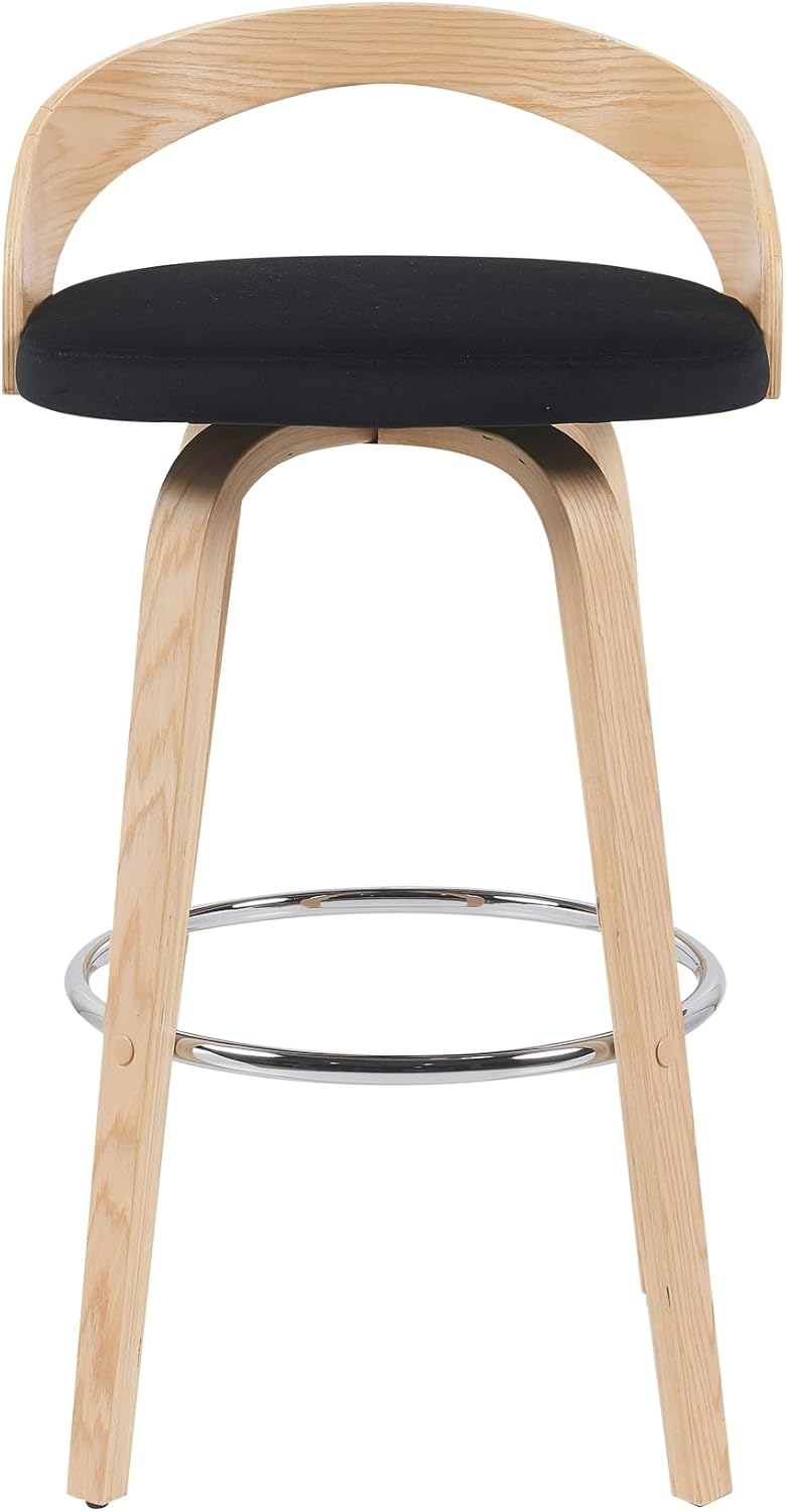 Sonia Modern Swivel Bar Height Stool with Black Upholstered Seat and Patterned Oak Wood Finish Set of 3