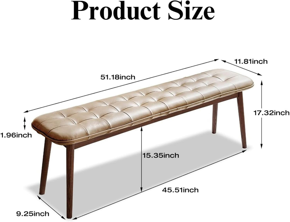 Upholstered Bench, 51.18 in Natural Oak Wood for Dining Table Bench for Living Room with Leather Cushion, End of Bed Footrest Stool Khaki